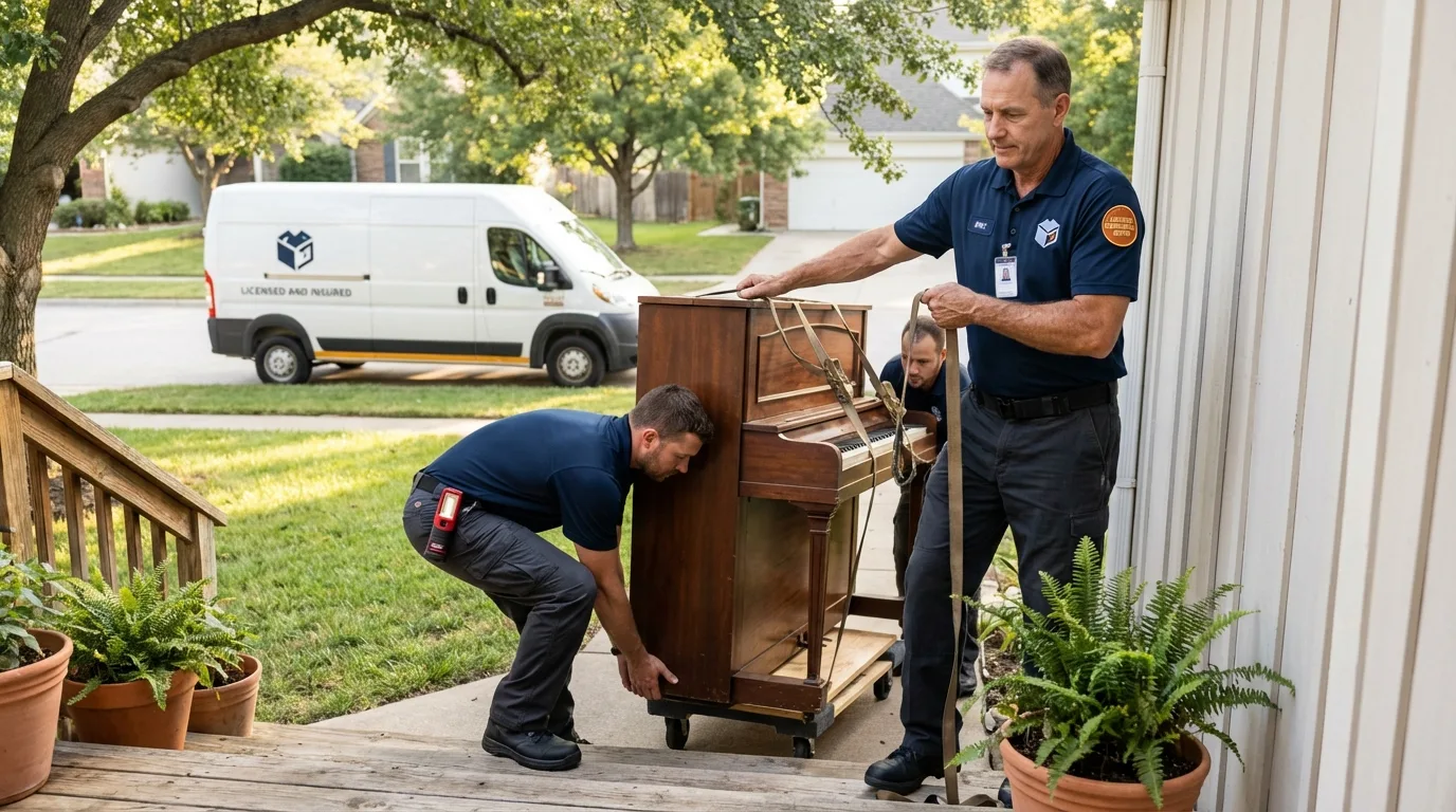 Licensed piano movers securing grand piano in Lancaster, SC