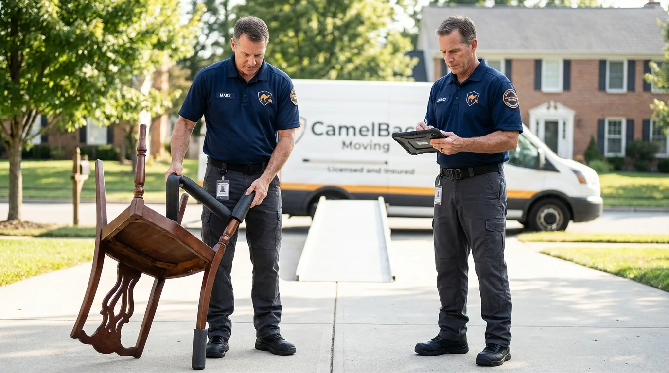 Movers inspecting furniture for damage prevention before loading in Lancaster, SC
